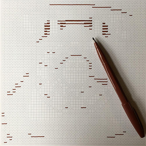 pixel image being filled in with brown marker pen, so far with just some short horizontal lines