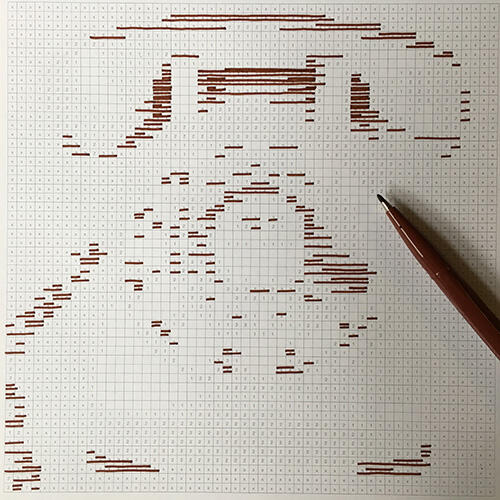 pixel image being filled in with brown marker pen, with some short horizontal lines starting to look like a vintage phone