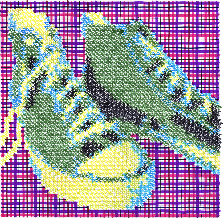 marker-drawn pixel image of converse high-top shoes, in green with plaid background