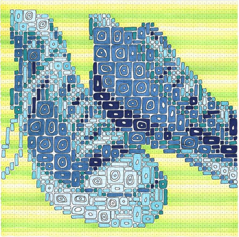 marker-drawn pixel image of converse high-top shoes, in blue with yellow/green background