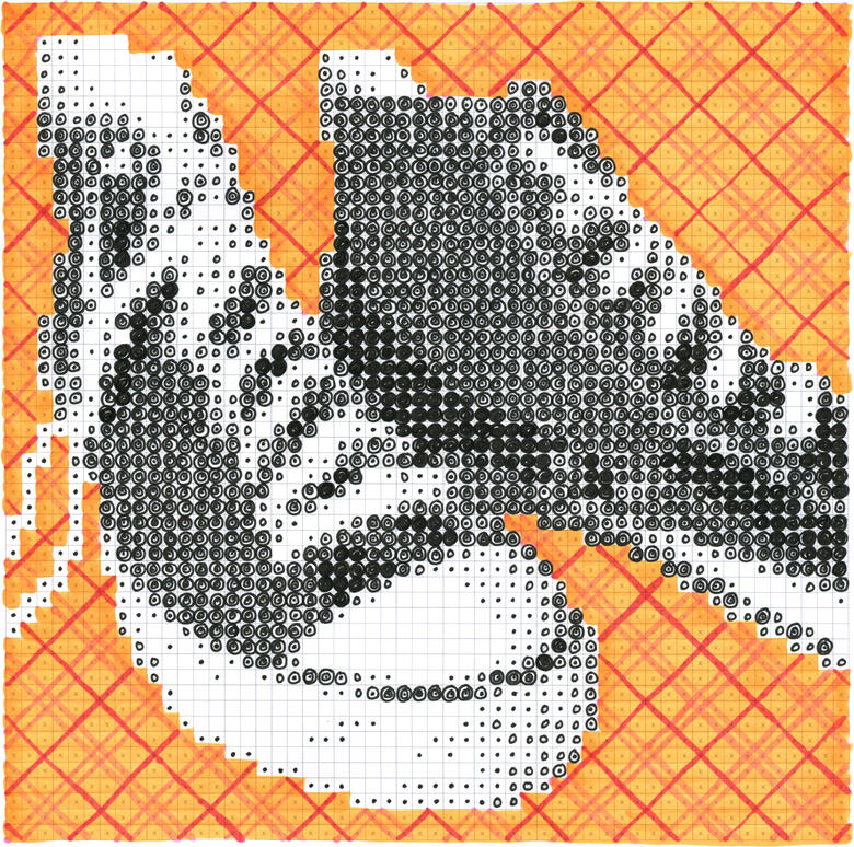 marker-drawn pixel image of converse high-top shoes, in black pen with orange background