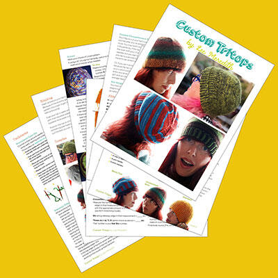 6-page knitting pattern, with cover page on top (Custom Tritops with photos of hat) and partial other pages, yellow background