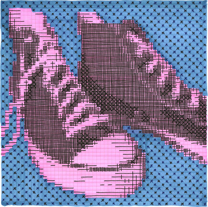 marker-drawn pixel image of converse high-top shoes, in black and pink with blue background