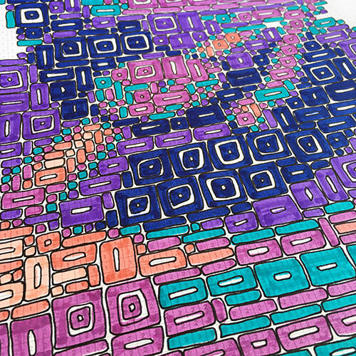 closeup of image with completed colored-in rectangles, in shades of dark blue, purple, turquoise, pink, and orange