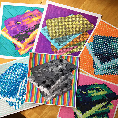 six colored-in pixel art pictures of a stack of cassette tapes, each in different colors and styles