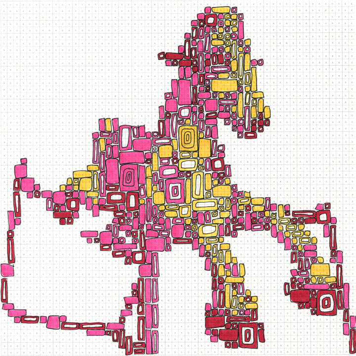 marker-drawn pixel image of vintage rocking horse, in pink and yellow boxes