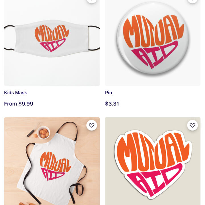 screenshot of online shop showing a mask, a pin, an apron, and a magnet all with the same "Mutual Aid" heart design