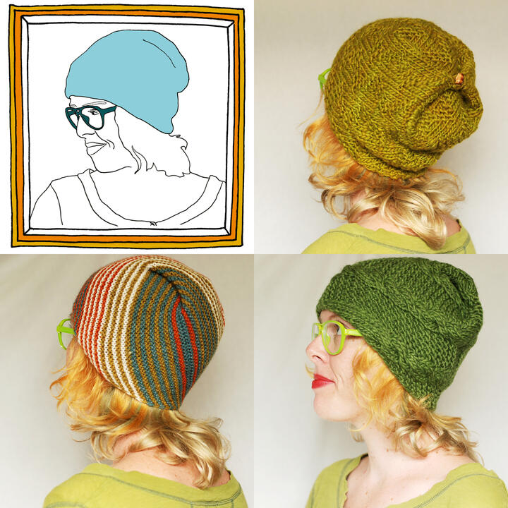 four images of Lee wearing hats, three are photos and one is a drawing
