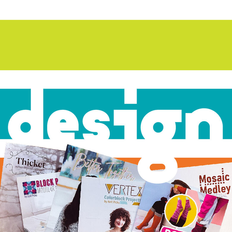graphic with green, turquoise, and orange stripes with the word "design" and a photo of several books