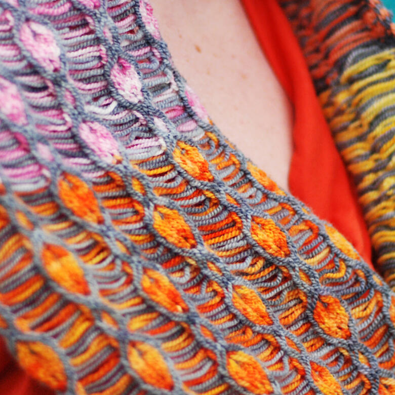 close up of knitting pattern with pink and orange and grey outlining the bead-like stitch pattern