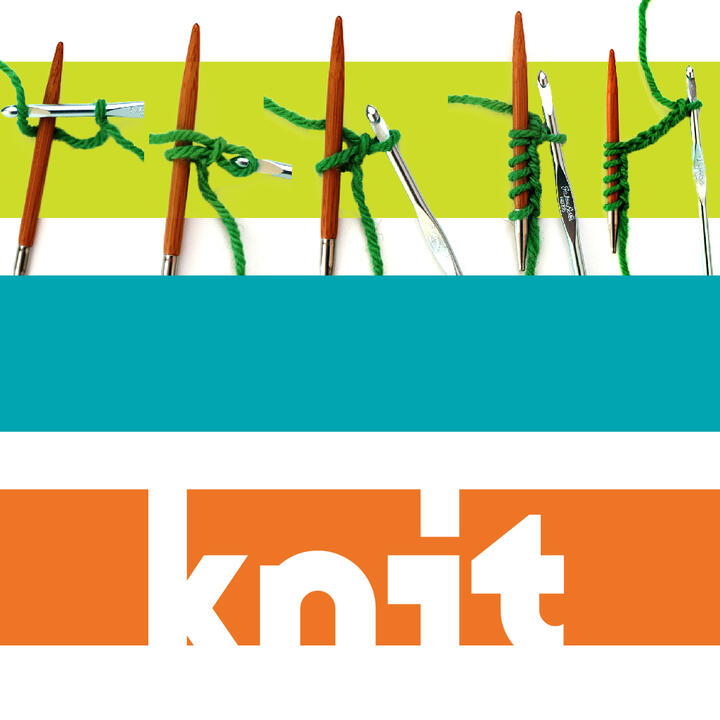 graphic with green, turquoise, and orange stripes with the word "knit" and photos of a crochet hook making stitches around a knitting needle