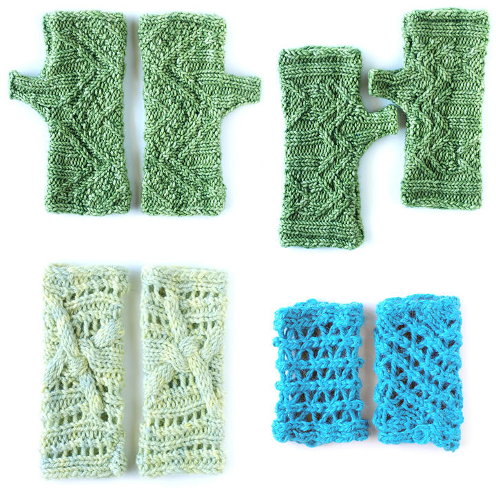 four pairs of mitts lying flat, green and turquoise, all with texture patterns, top with thumbs, bottom without