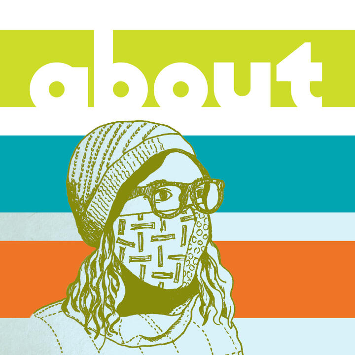 graphic with green, turquoise, and orange stripes with the word "about" and a green pen drawing of Lee wearing a mask, glasses, and a hat with a swirl design