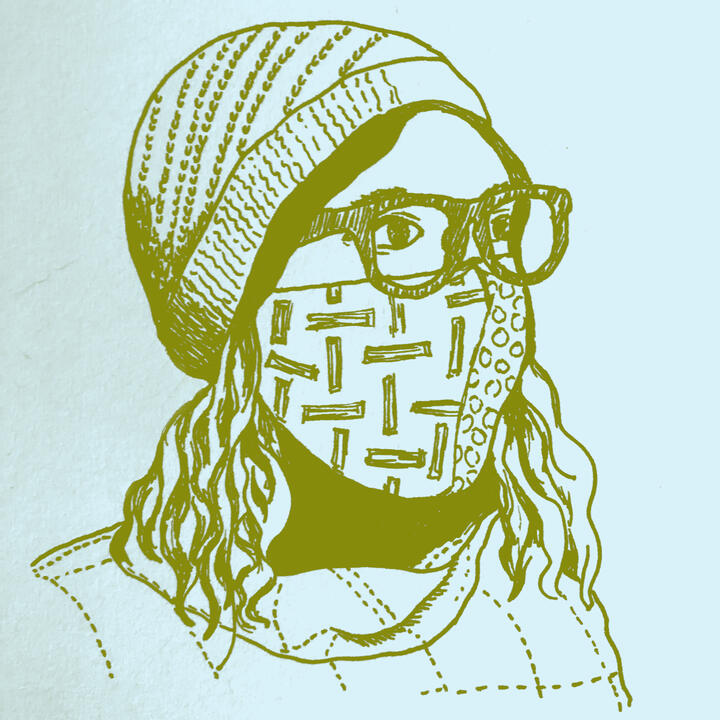 pen drawing of Lee wearing a mask, glasses, and a hat with a swirl design