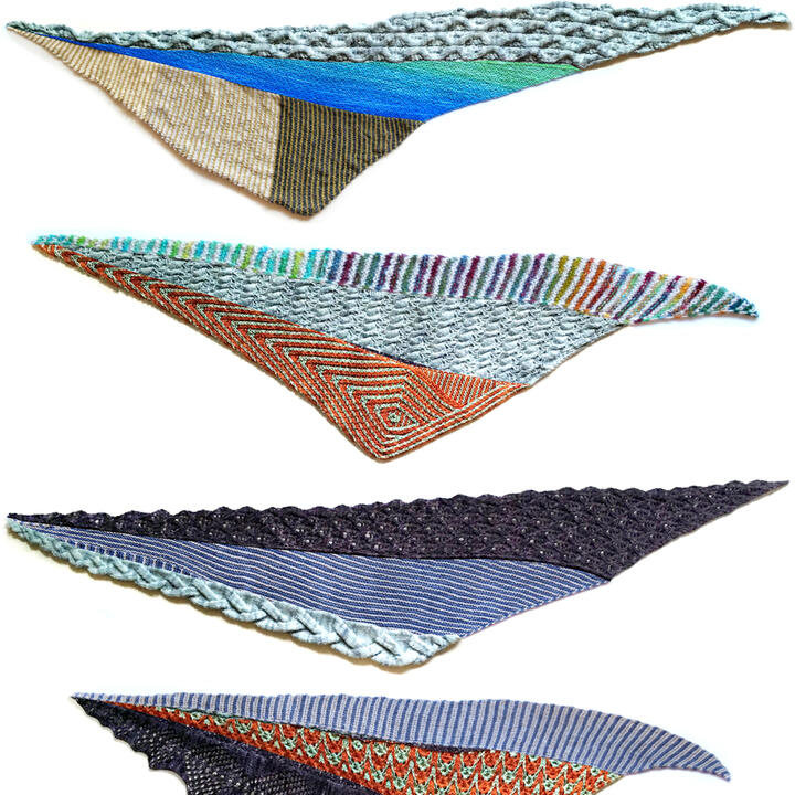 four triangle shawls (two partially cropped off), each with slightly different shapes/proportions, and all w/ different stitches