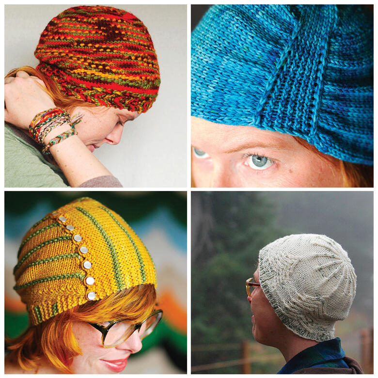 four photos of Lee wearing hats: red, blue, yellow, and white with different patterns and textures