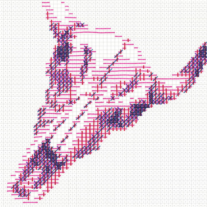 marker-drawn pixel image of old deer skull, in reds and purples