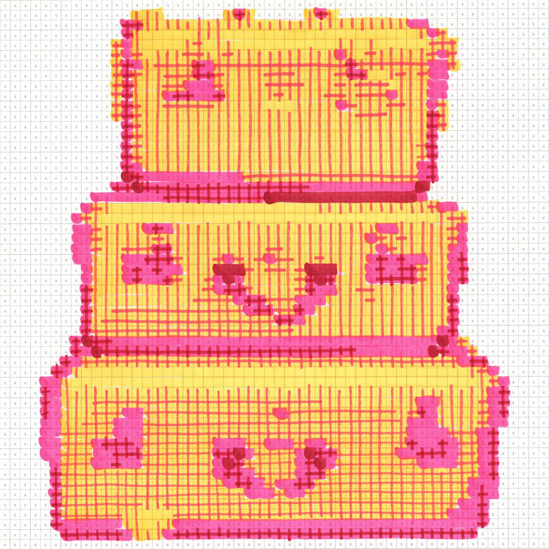 marker-drawn pixel image of vintage luggage stack, in orange and pink